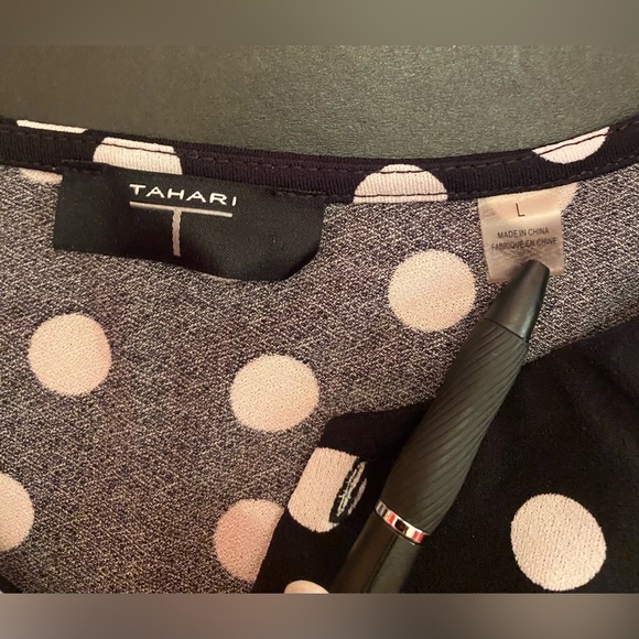 Tahari Women’s Black Polka Dot Elbow Sleeves Crewneck Blouse Top Size Large - Picture 5 of 8